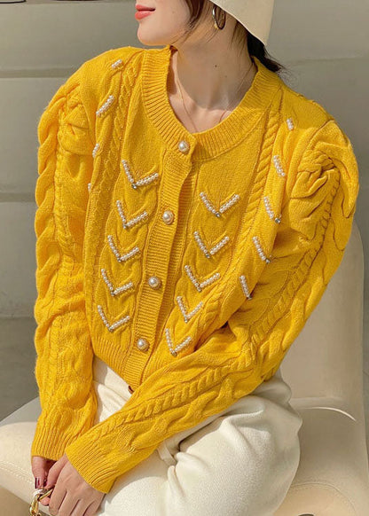 Yellow Puff Sleeve Nail Bead Knit Loose Sweaters Spring Coat