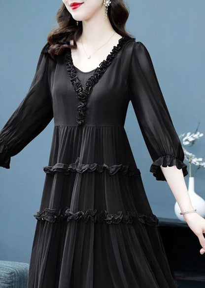 Black Ruffled Patchwork Silk Two Piece Set Dresses Summer