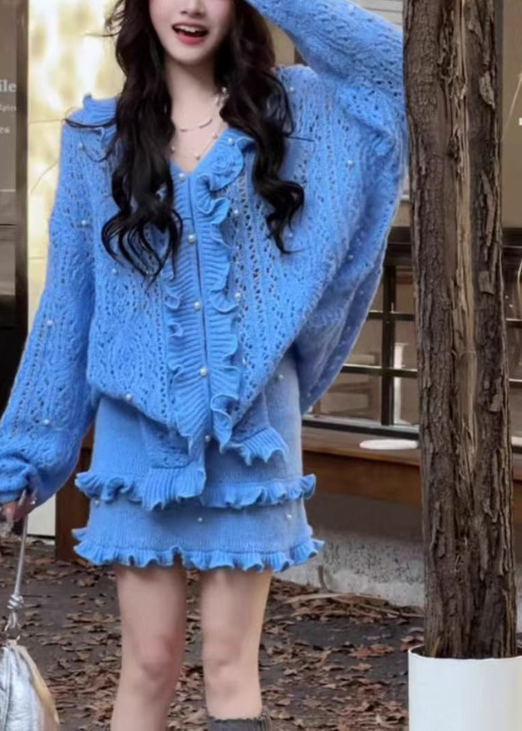 Blue Ruffled Nail Bead Knit Two Piece Set Winter