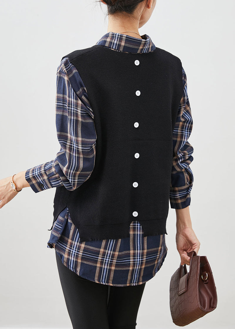 Style Black Plaid Knit Vest and Shirt Two Pieces Set Fall