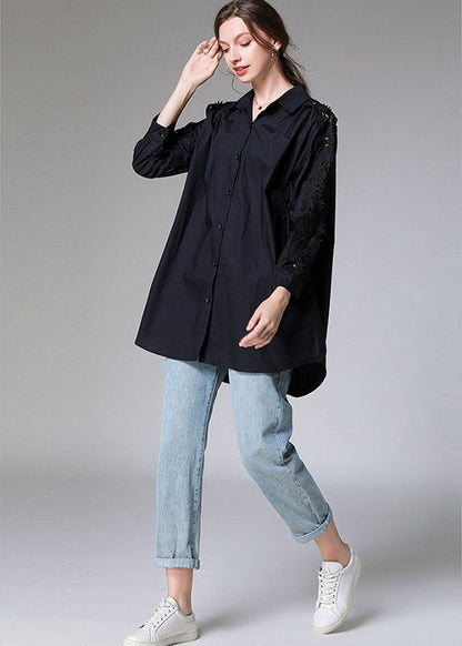 Black Embroideried Button Patchwork Top Fall