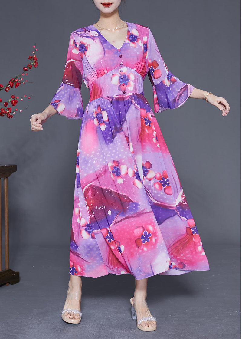 Rose Cinched Patchwork Print Silk Vacation Dress Summer