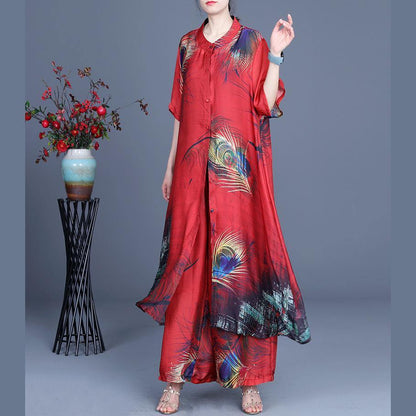 Summer Loose Silk Red Print Coat + Two Piece Pants