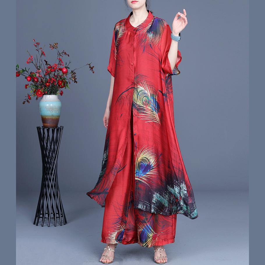 Summer Loose Silk Red Print Coat + Two Piece Pants