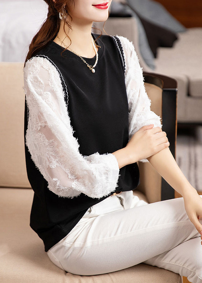 Black O Neck Patchwork Cotton Blouse Top Fall