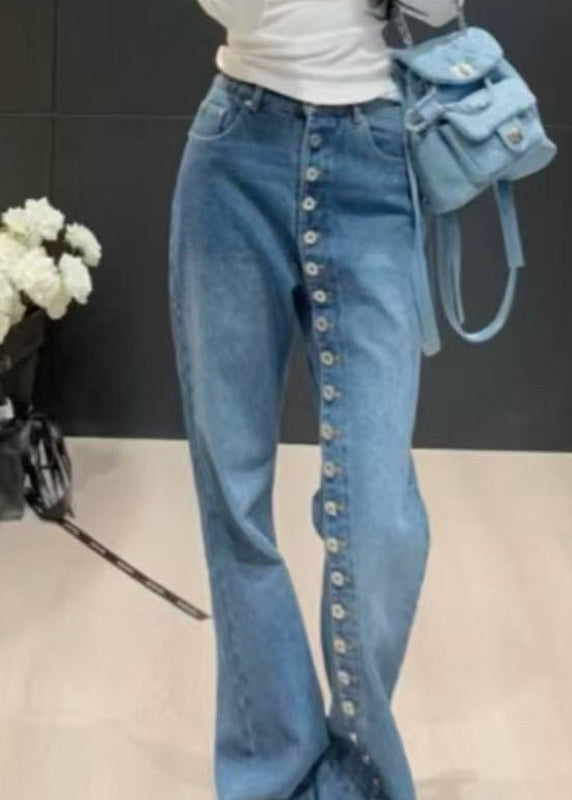 Blue High Waist Pockets Patchwork Jeans Spring