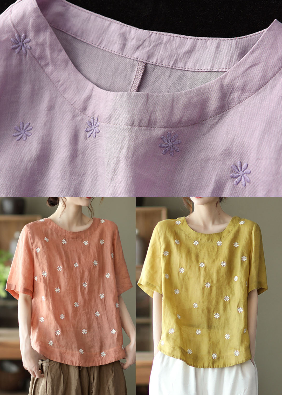 Orange Embroideried Linen Blouses Top Short Sleeve