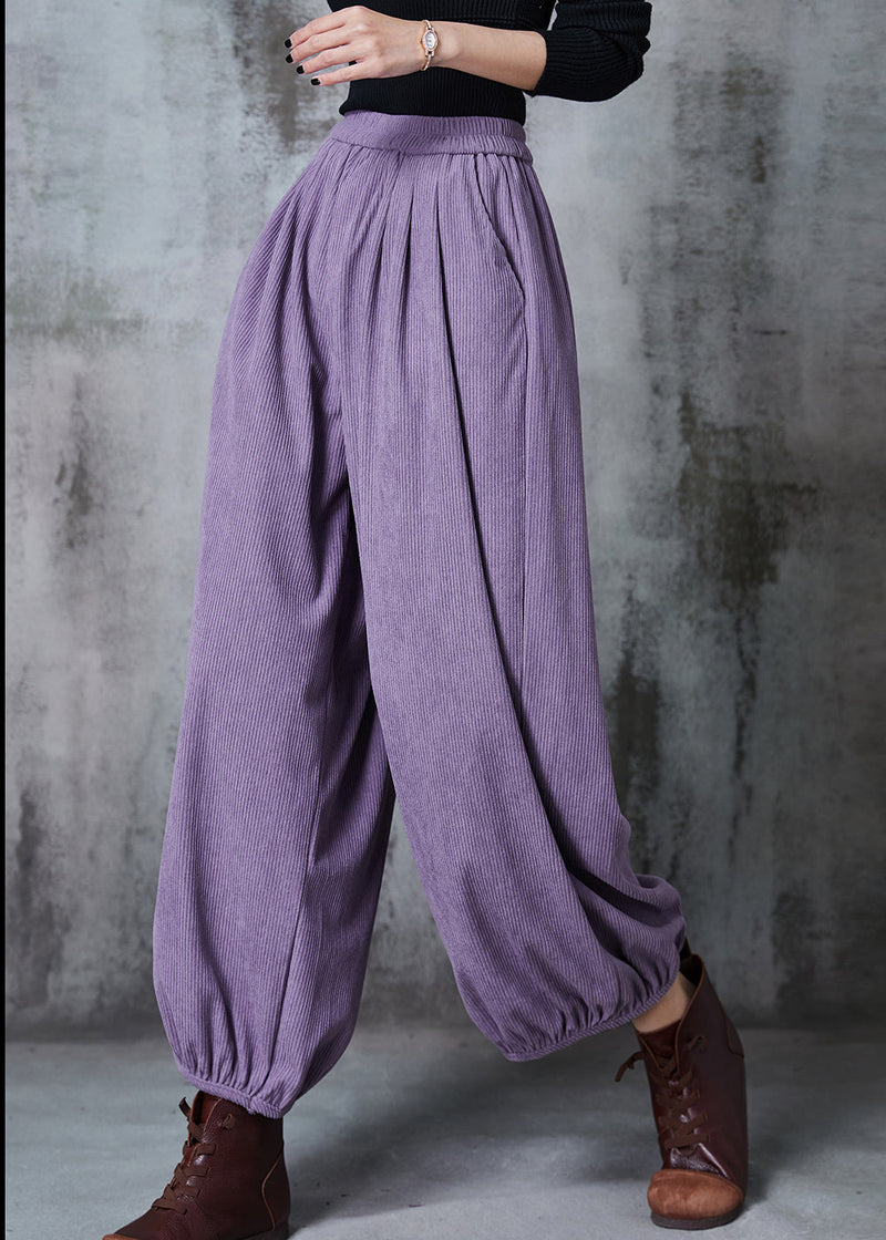 Purple Elastic Waist Corduroy Pants Spring
