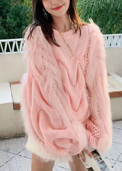Green O Neck Raccoon Fur Patchwork Knit Pullover Lantern Sleeve