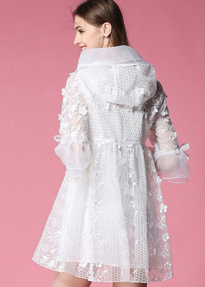 White Hooded Hollow Out Applique Organza Jacket Spring