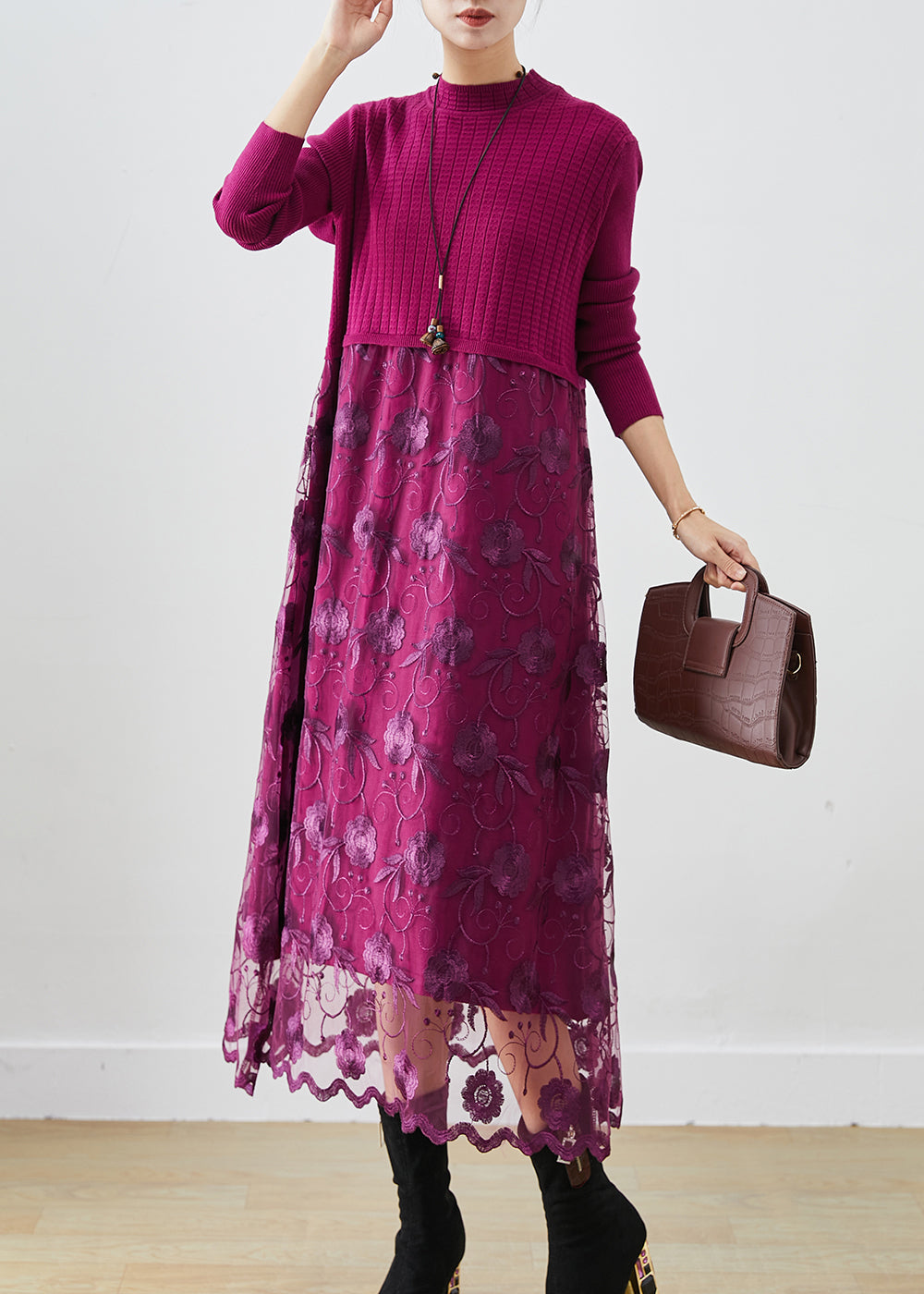 French Purple Embroideried Patchwork Knit Vacation Dresses Fall
