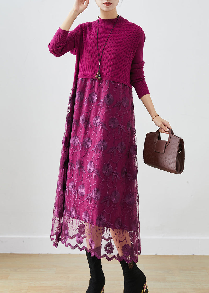 French Purple Embroideried Patchwork Knit Vacation Dresses Fall