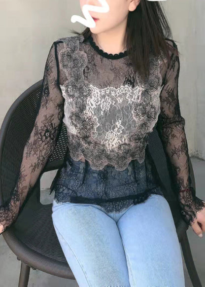 Black Hollow Out O-neck Embroideried Lace Top Long Sleeve