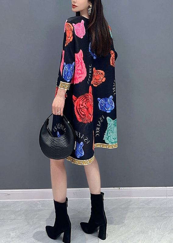 Black O Neck Print Cotton Mid Dress Spring