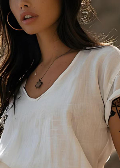 Stylish White V-neck Cotton Short T Shirts Tops Summer
