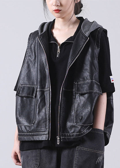 Boutique Black Patchwork Hooded Zippered Fall Pockets Blouse Tops Pu Waistcoat