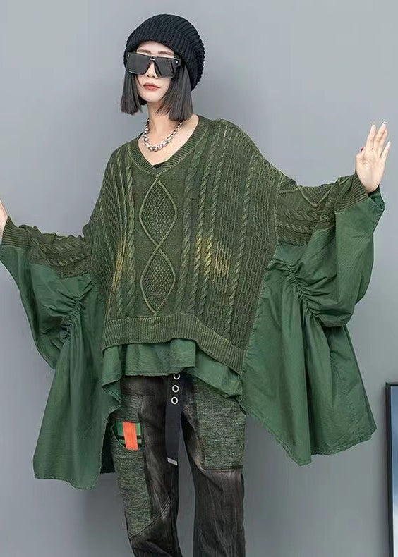 Green Patchwork Knit Pullover V Neck Ruffled Batwing Sleeve Fall