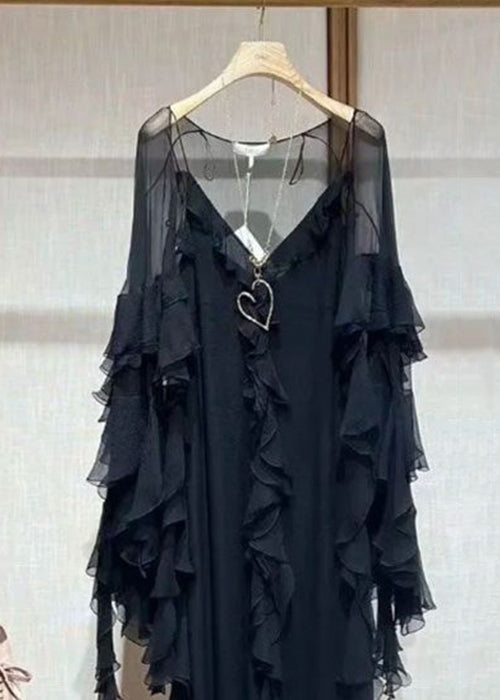 Italian Black V Neck Ruffled Two Piece Set Summer