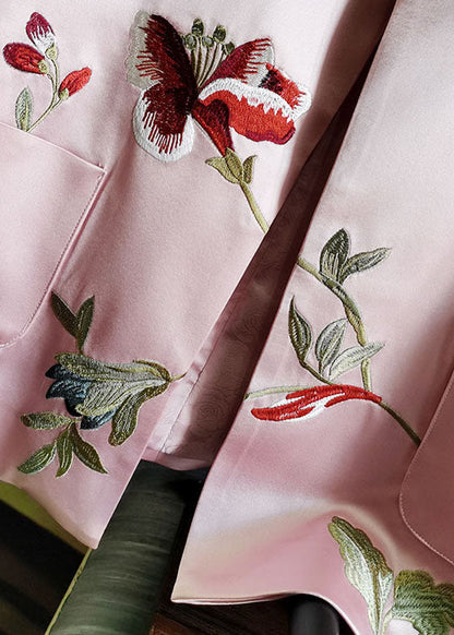 Pink Stand Collar Embroideried Patchwork Silk Vest Sleeveless