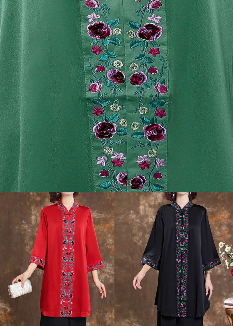 Red Stand Collar Silk Shirts Bracelet Sleeve