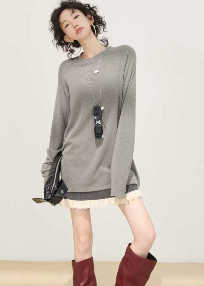 Loose Grey O-neck Tie Dye Cotton Shirt Spring