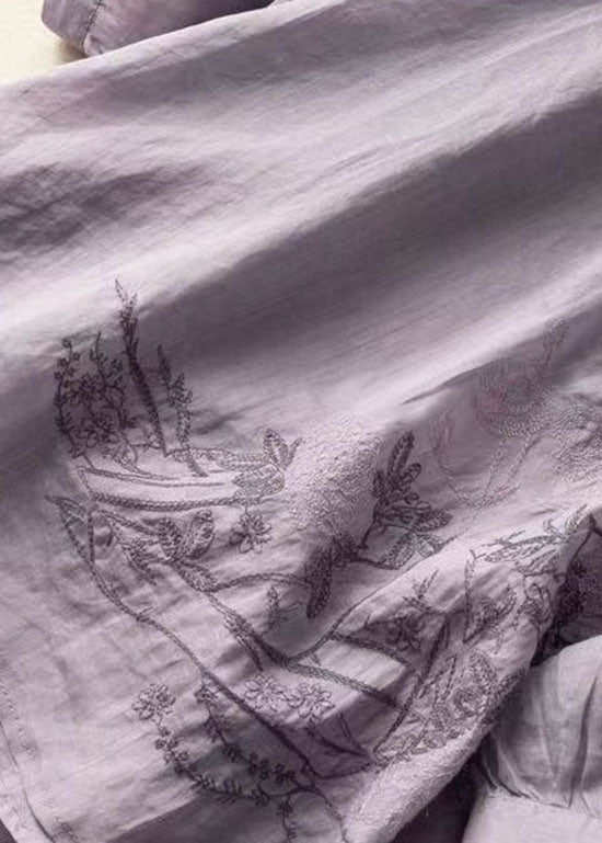 Purple Embroideried Patchwork Linen T Shirt Top Summer