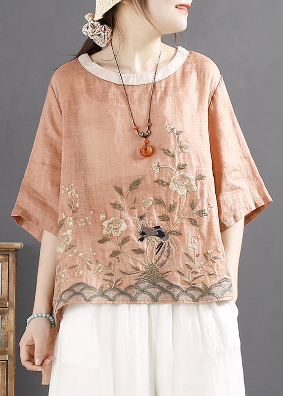 Orange Embroideried Linen Shirt Top Summer