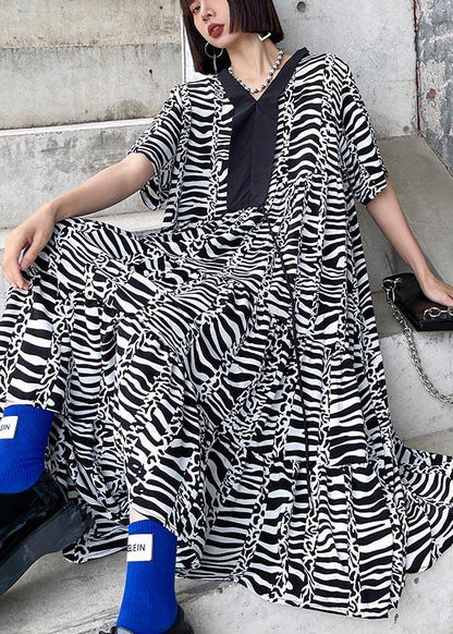 Natural Zebra Pattern V Neck Cotton Asymmetrical Design Summer Maxi Dress