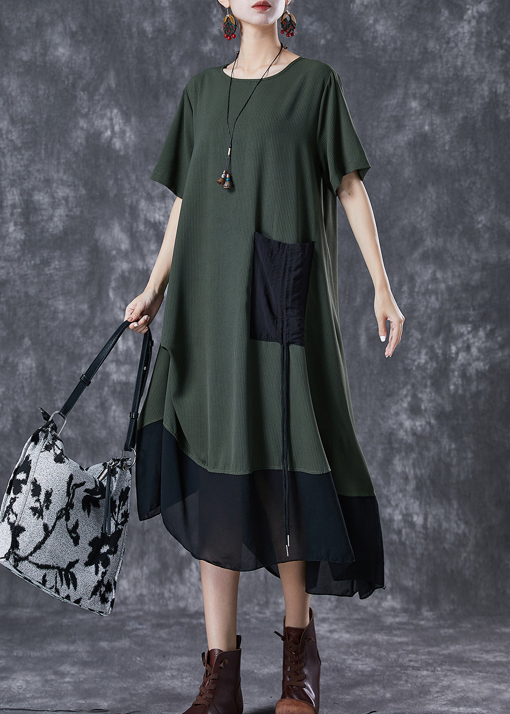 Army Green Cinched Patchwork Chiffon Maxi Dresses Summer
