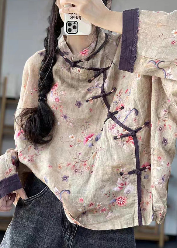 Loose Gray Text Button Print Patchwork Cotton Shirts Long Sleeve