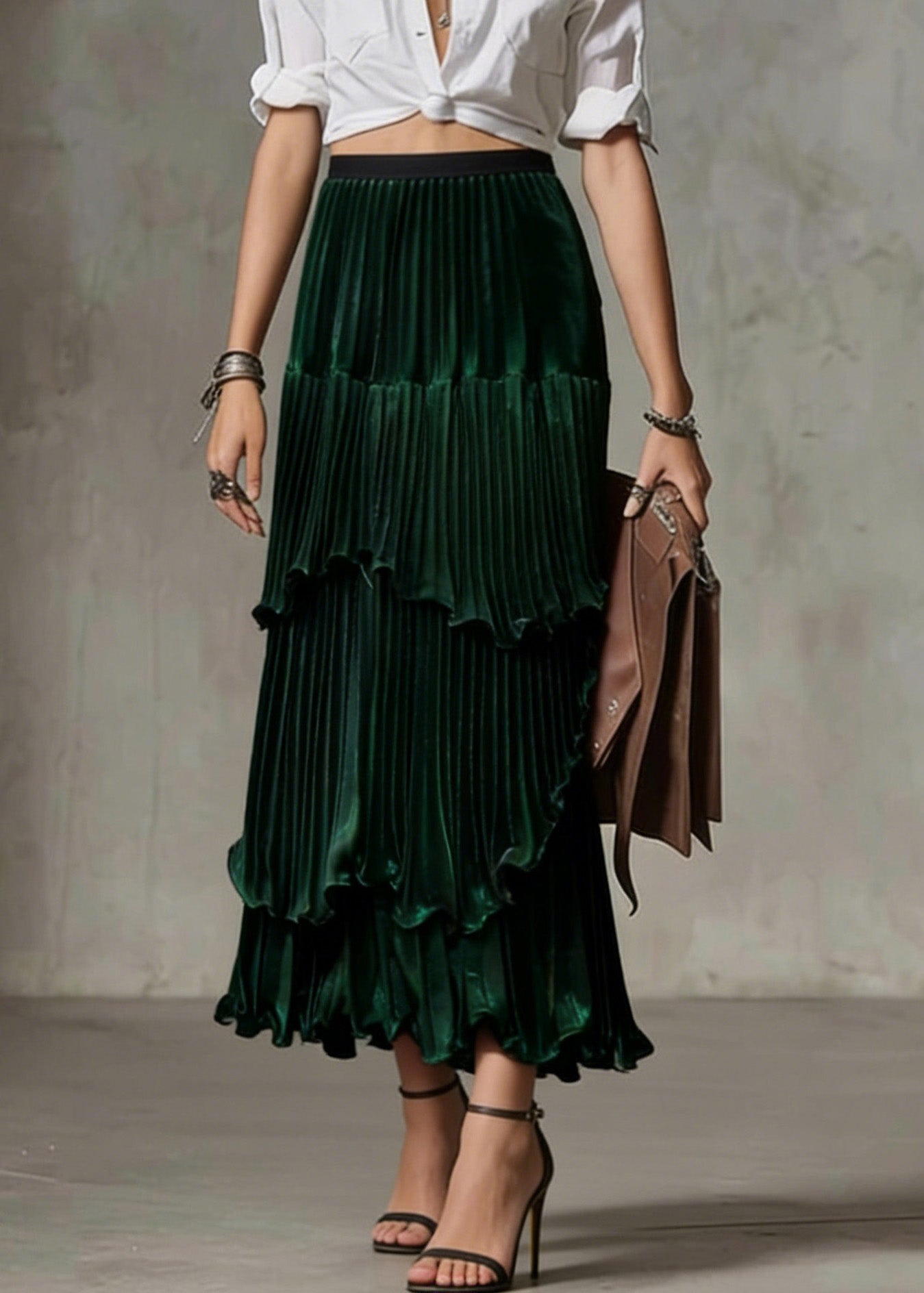 Green Ruffled Asymmetrical Design Silk Skirt Spring