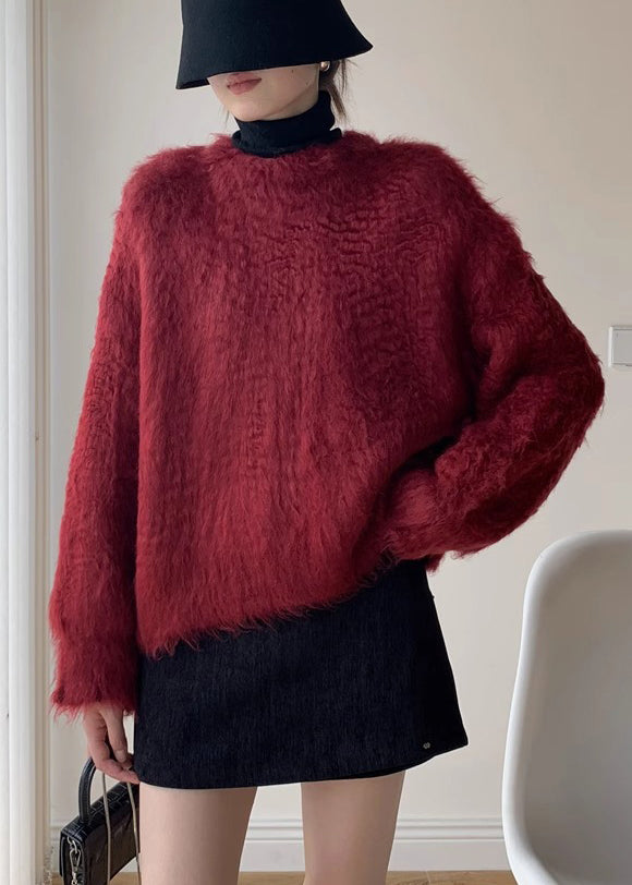 Loose Red Fluffy Knit Sweater Winter