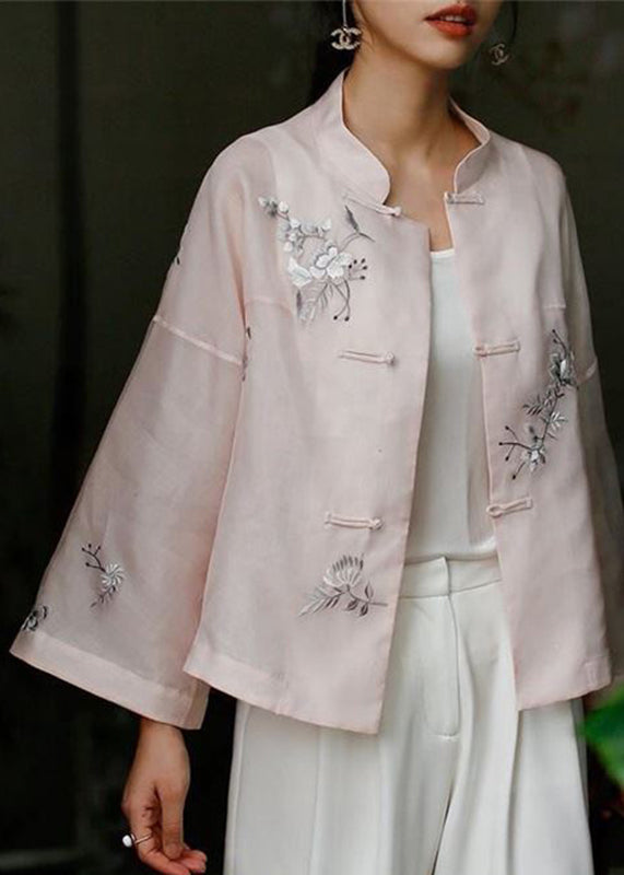 Pink Stand Collar Embroideried Button Top Long Sleeve