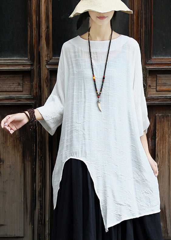 Original White Asymmetrical Design Cotton Top Three Quarter Sleeve