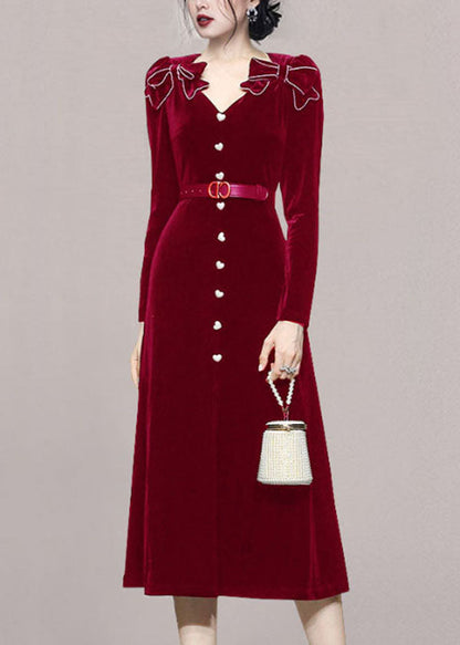 Red V Neck Bow Tie Waist Patchwork Velour Long Dress Fall