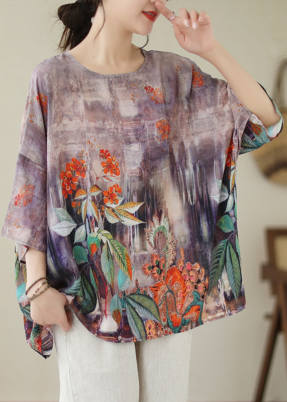 Light Purple O-neck Print Linen Top Long Sleeve