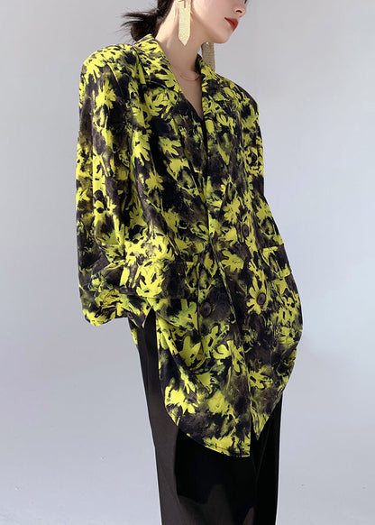 Yellow Peter Pan Collar Print Cotton Shirts Long Sleeve