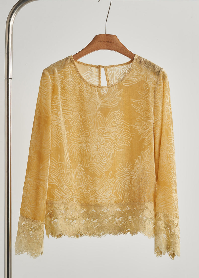Yellow Oversized Lace Patchwork Silk Velour Shirt Tops Fall