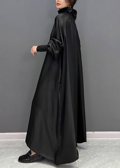 Green Hign Neck Wrinkled Patchwork Silk Long Dresses Fall