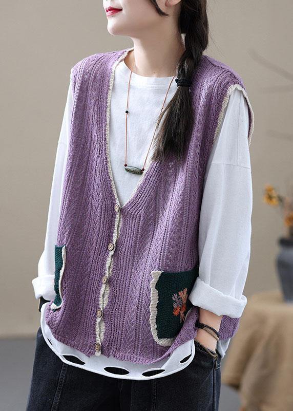 Style Khaki Embroideried Pockets Fall Shirt Knit Vest Sleeveless
