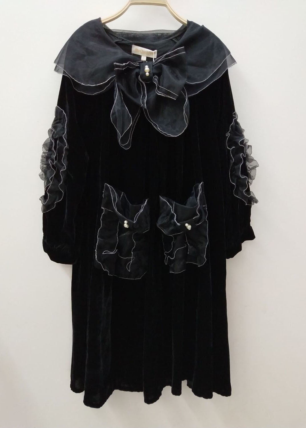 Unique Black Peter Pan Collar Organza Patchwork Silk Velour a Line Dresses Spring
