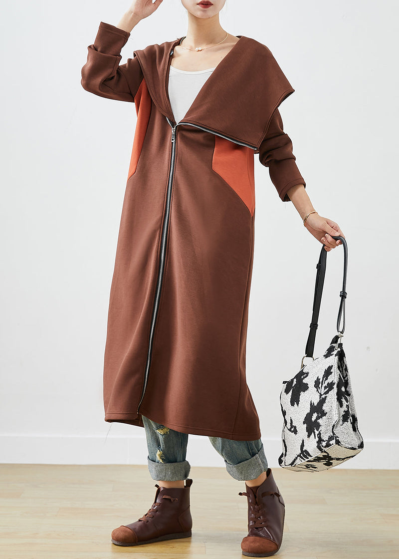 Chocolate Hooded Asymmetrical Patchwork Cotton Coat Fall