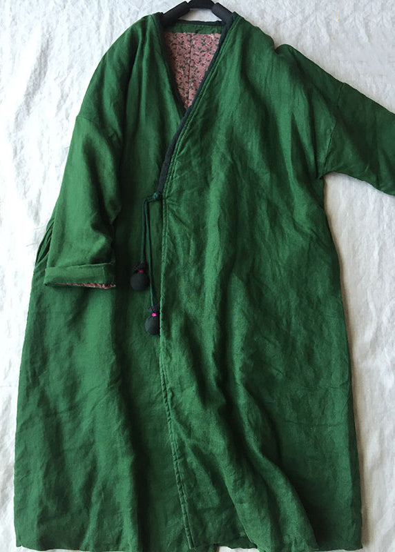 Green V Neck Button Cotton Filled Parka Long Coats Winter