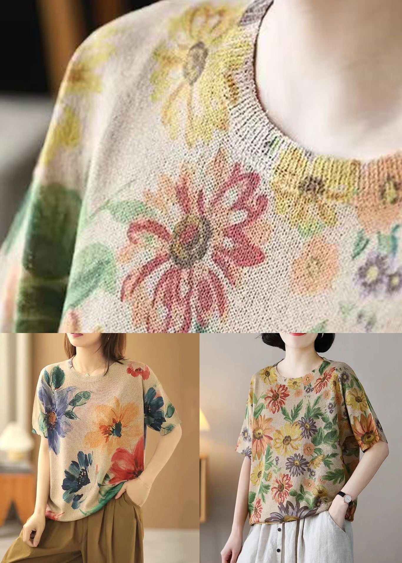Loose Big Flower O-neck Cozy Cotton Knit Top Short Sleeve