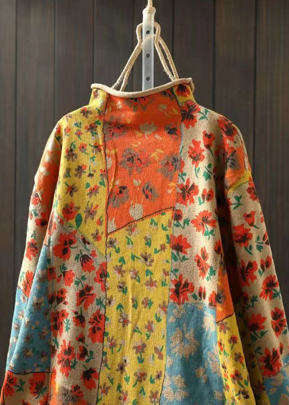 Khaki Half Hign Neck Print Cotton Knit Sweaters Fall