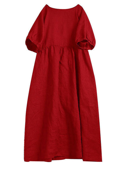 Handmade Apricot O-neck Wrinkled Patchwork Linen Dress Summer
