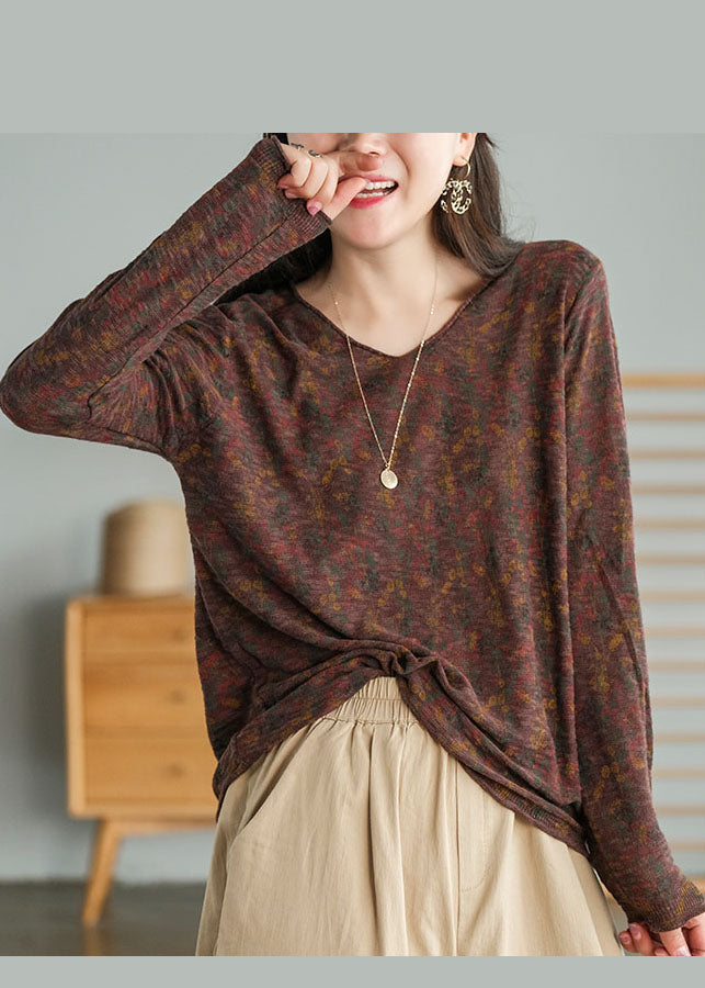 Chocolate V Neck Print Tops Spring