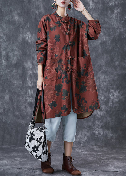 Dull Red Print Linen Chinese Style Shirt Dress Fall