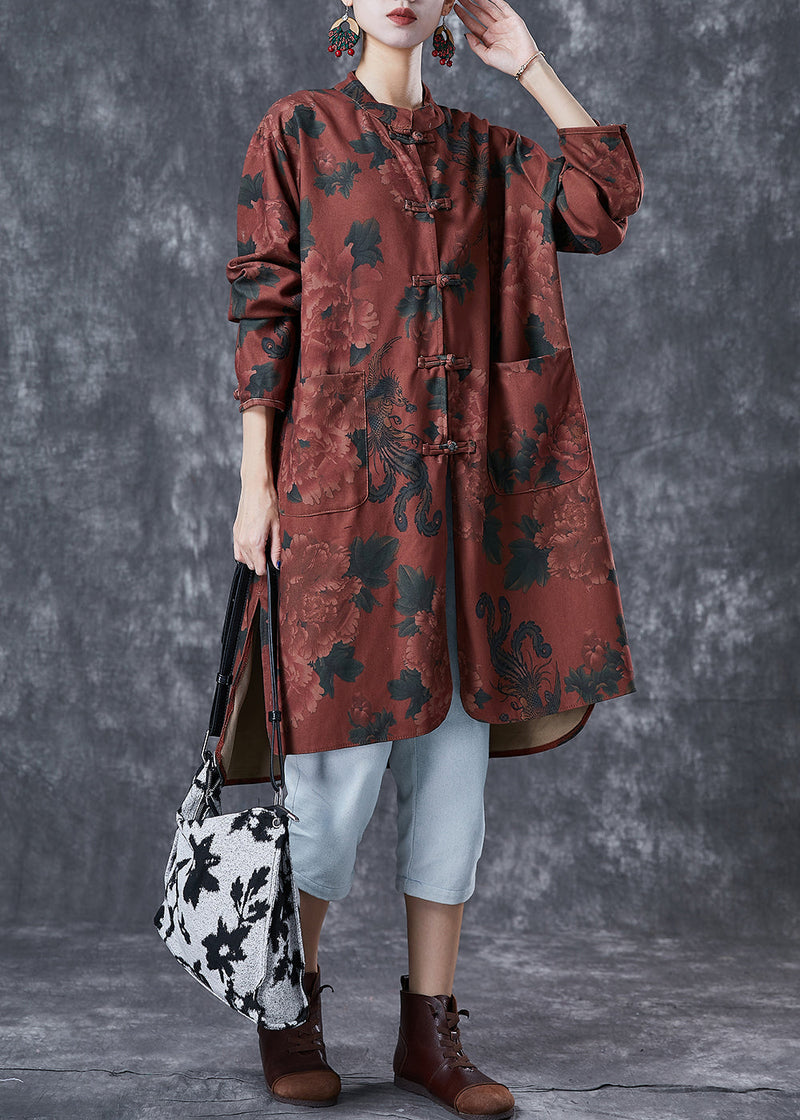 Dull Red Print Linen Chinese Style Shirt Dress Fall