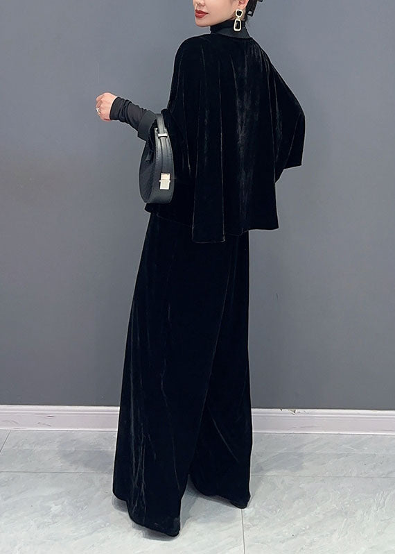French Black V Neck Patchwork Button Silk Velour Coats and Wide Leg Pants Two Pieces Set Fall